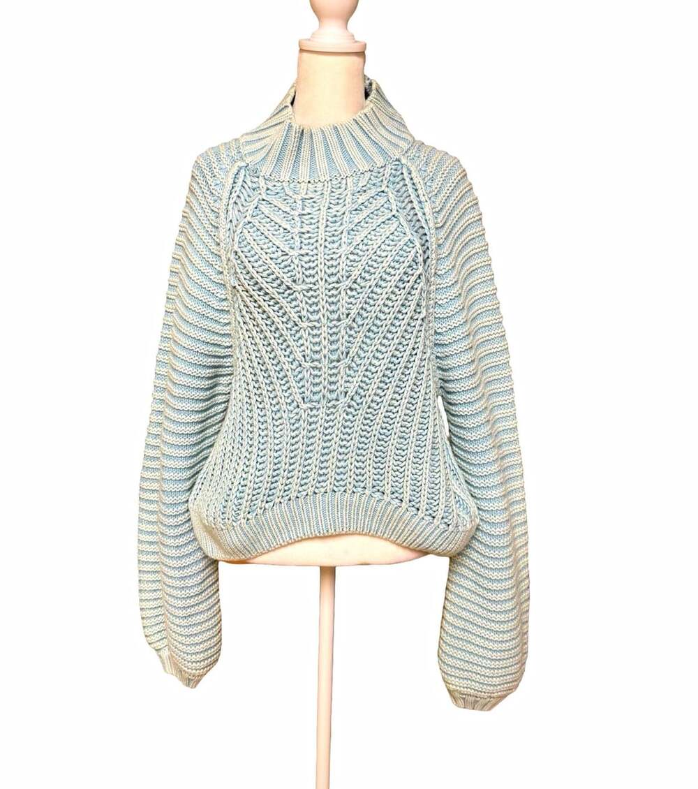 Free People Light Blue Chunky Knit Mock Neck Sweater Size S/P Cotton Cropped